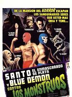 Cartel de Santo el enmascarado de plata y Blue Demon contra los monstruos