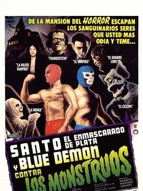 Cartel de Santo el enmascarado de plata y Blue Demon contra los monstruos
