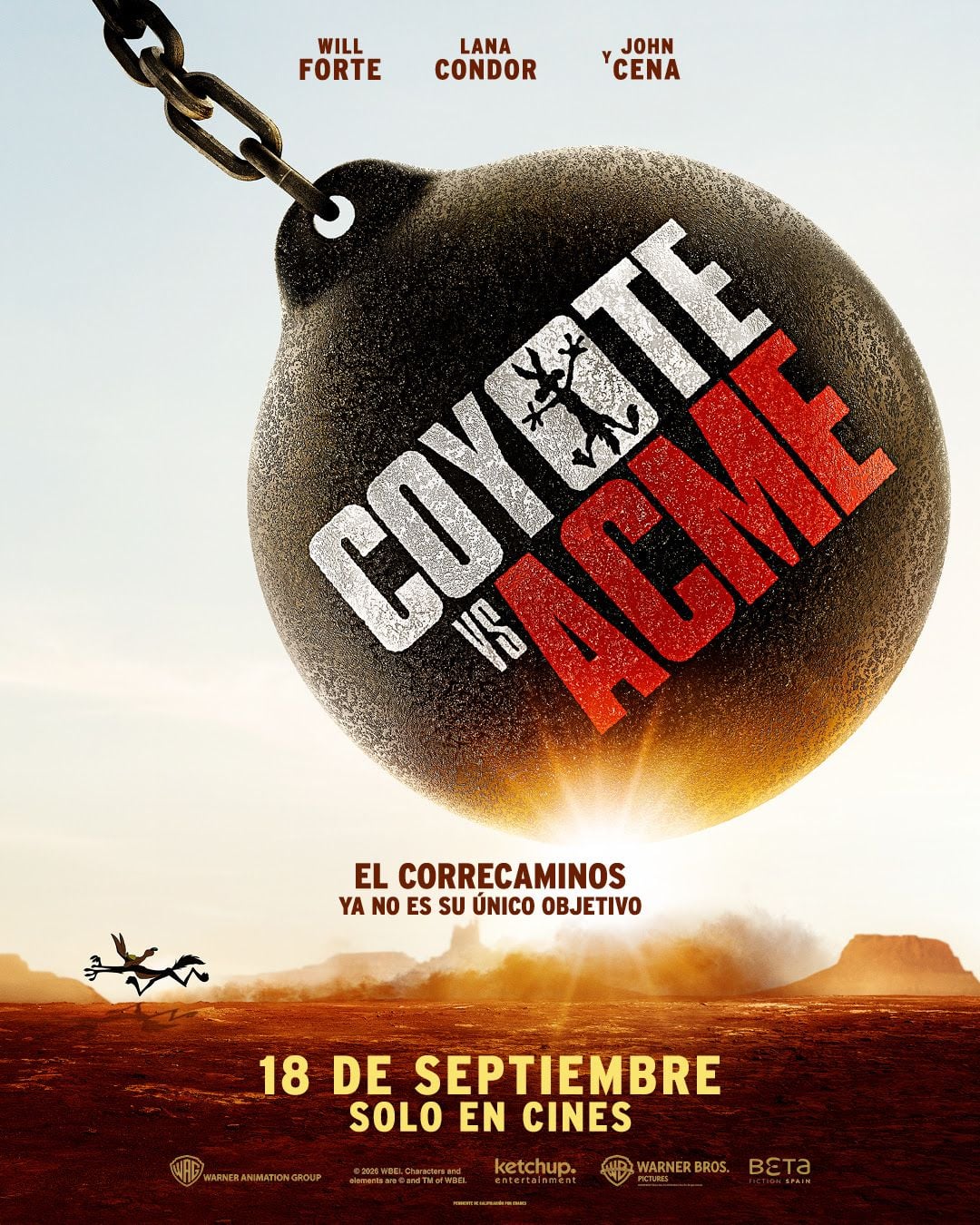 Cartel de la película Coyote vs. ACME con Wile E. Coyote y el Correcaminos en un escenario legal