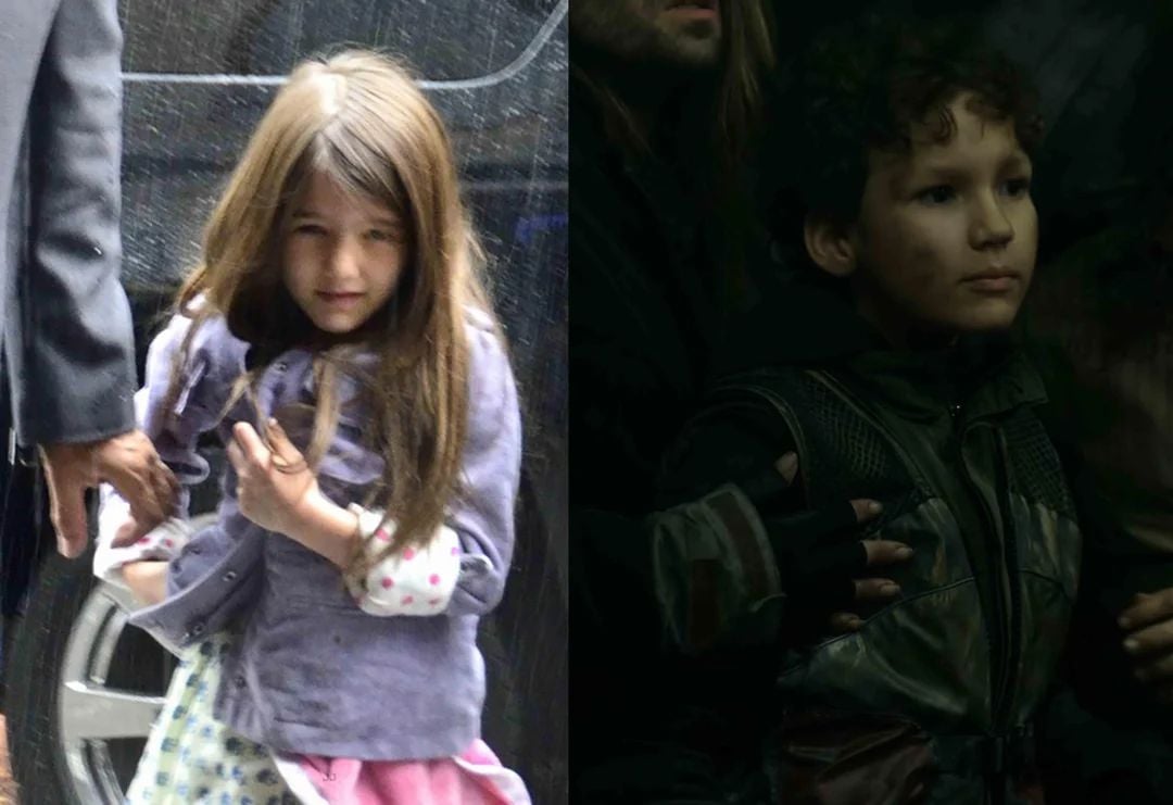 Suri llegando al rodaje y después, en su escena, con una peluca puesta