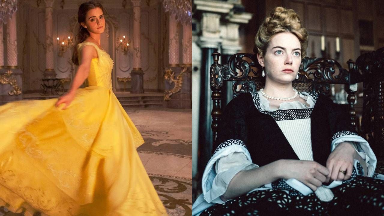 A la izquierda, Emma Watson como Bella en 'La Bella y la Bestia'. A la derecha, Emma Stone en 'La favorita'. 