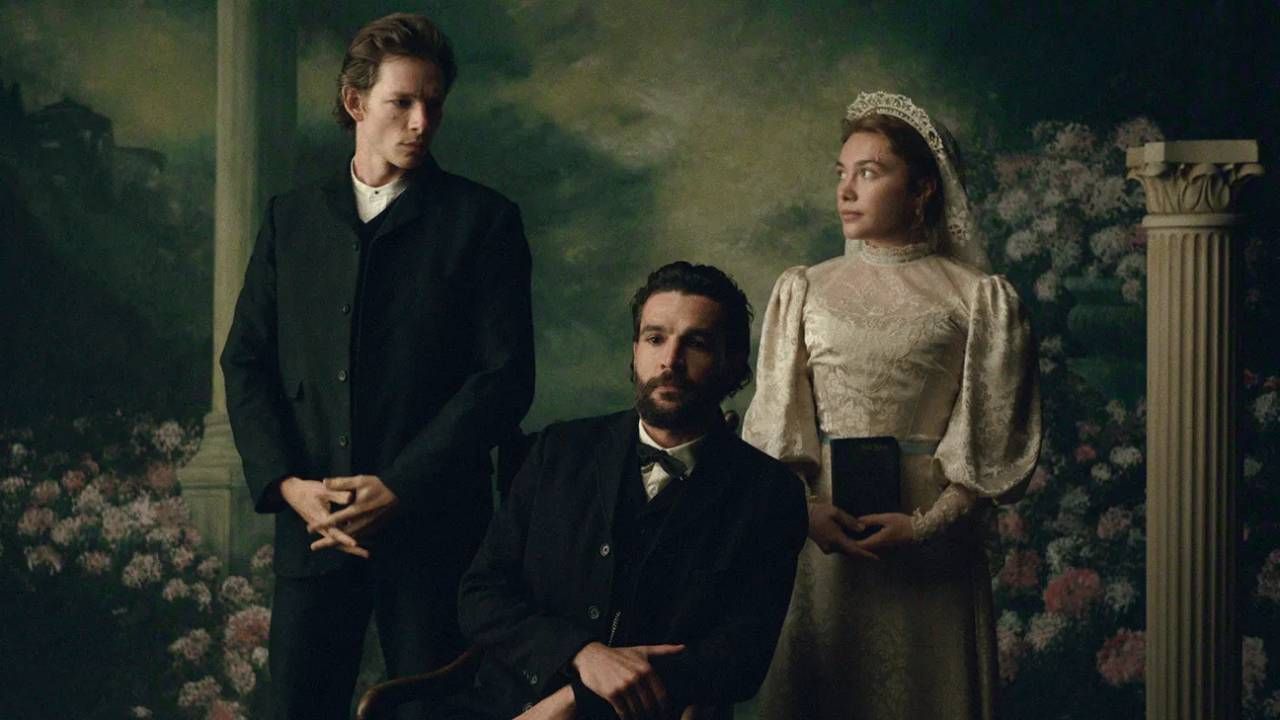 Mike Faist, Christopher Abbott y Florence Pugh como Charles, Adam y Cathy en 'Al este del Edén'