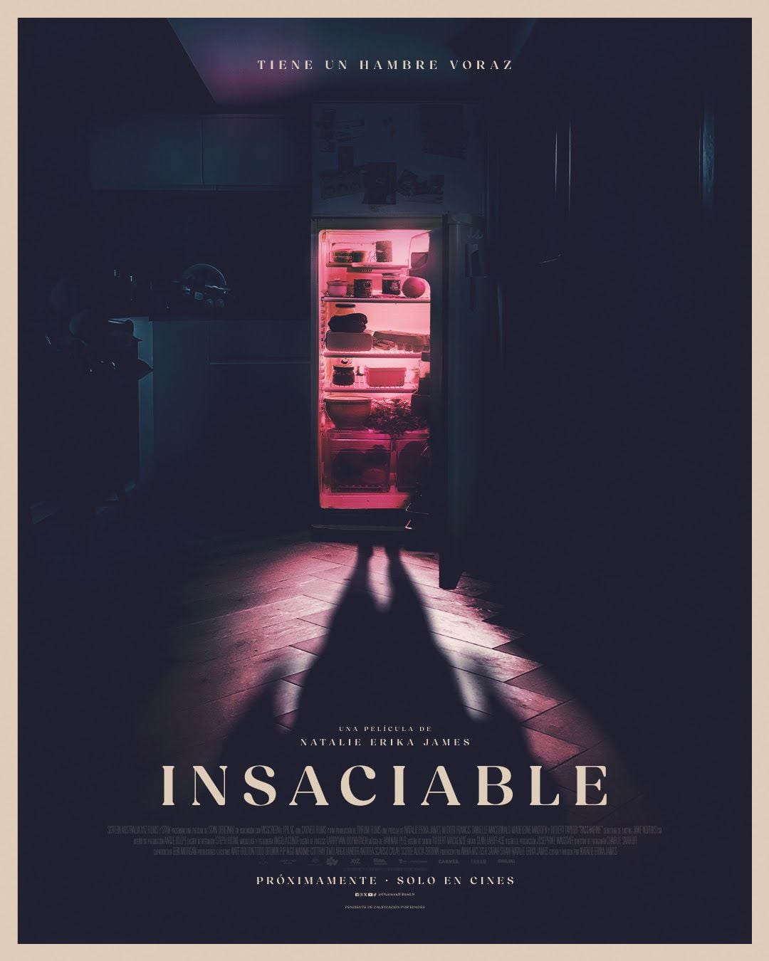 Cartel de la película Insaciable con Midori Francis como Hana, mostrando una escena de terror psicológico con elementos sobrenaturales y una atmósfera oscura.