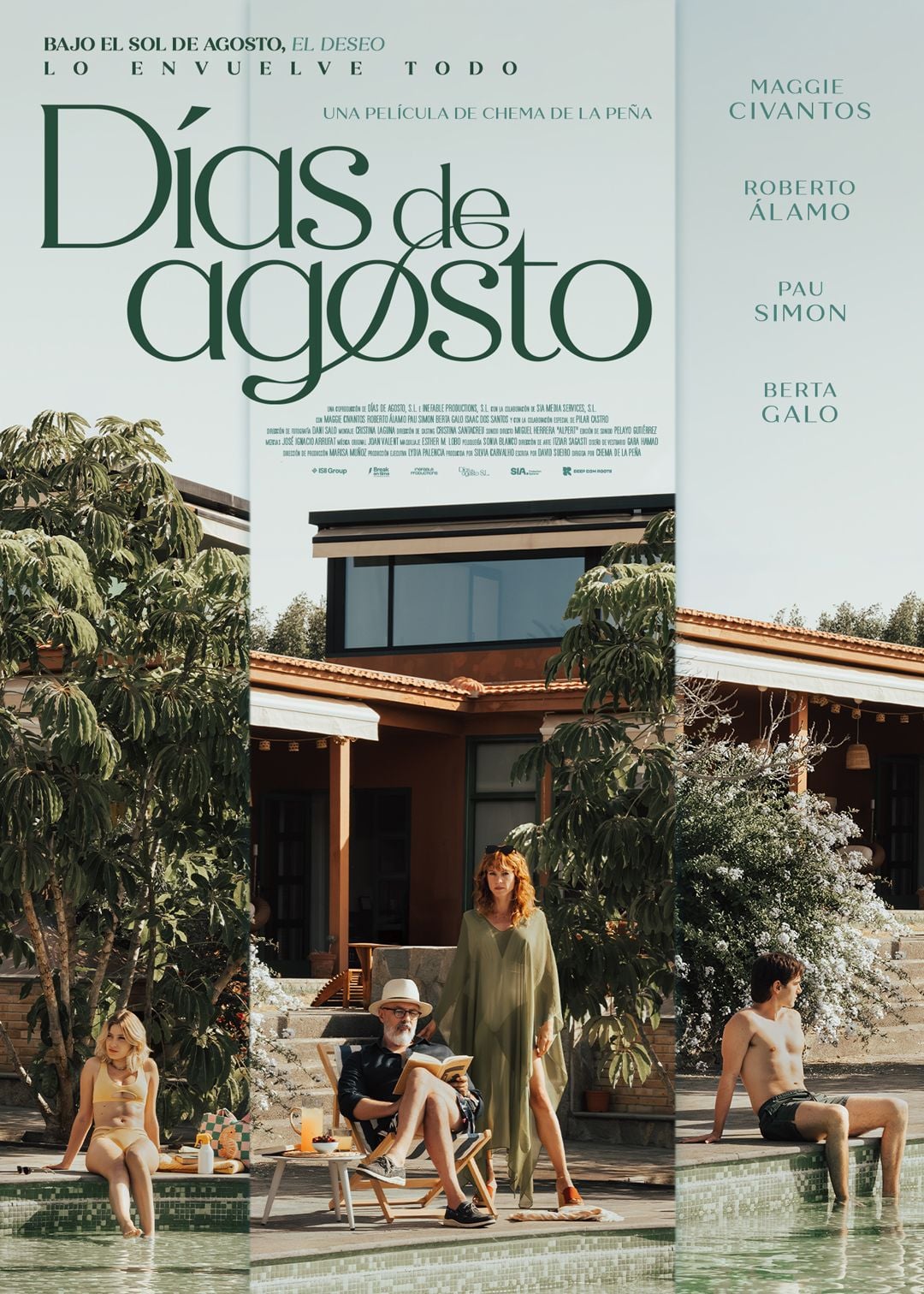 Cartel de la película Días de agosto con Maggie Civantos, Pau Simon y Roberto Álamo en un chalé junto al mar