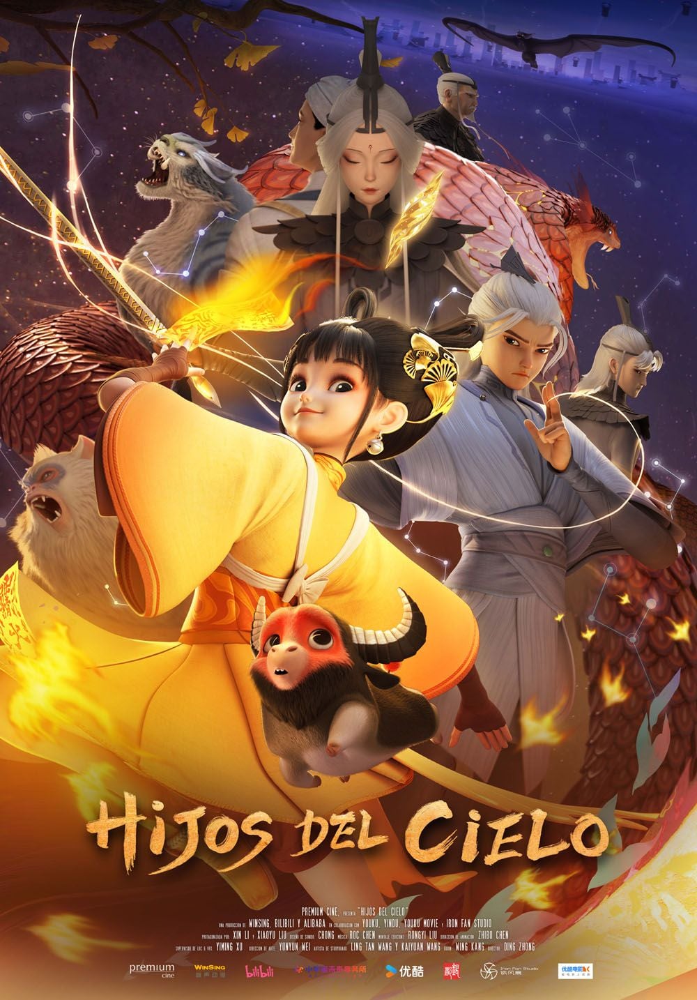 Cartel de la película Hijos del cielo, con Jin Feng y Xiao Fan en un paisaje fantástico entre cielo y tierra