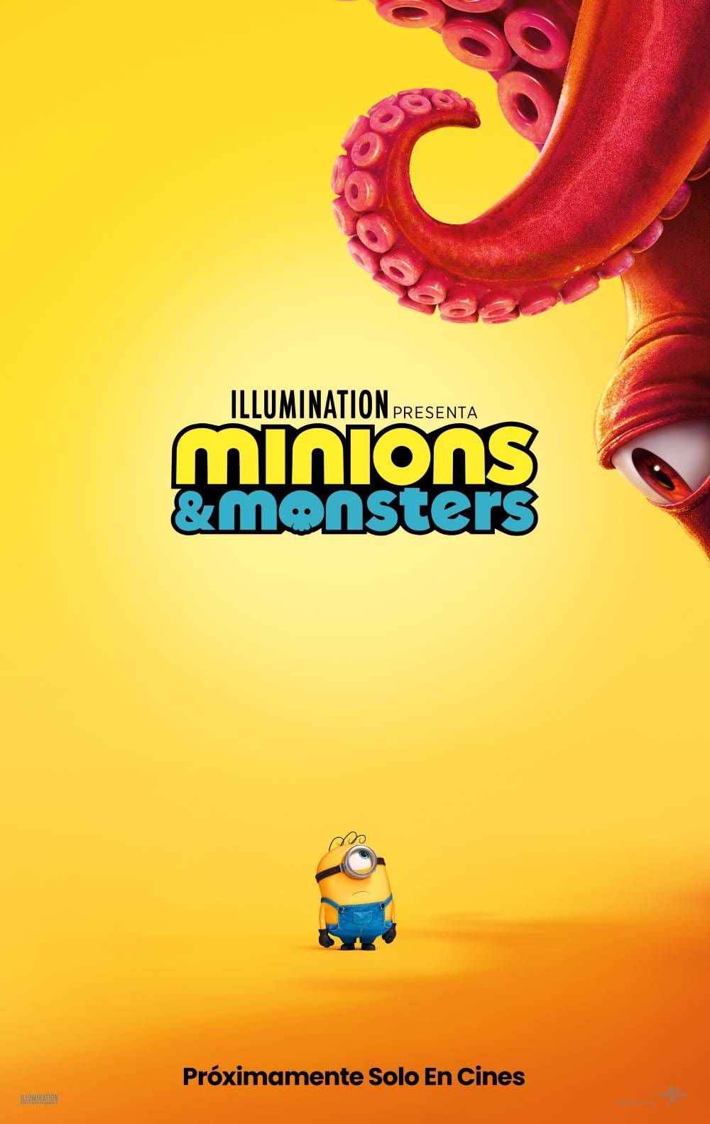 Minions en una situación caótica y divertida, rodeados de elementos que sugieren Hollywood y criaturas fantásticas.