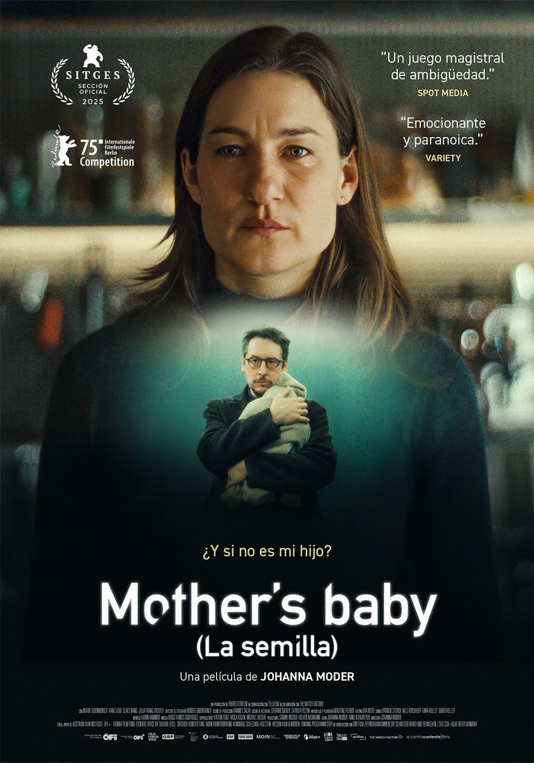 Cartel de la película 'Mother's Baby (La semilla)' con tonos oscuros y una figura femenina pensativa.