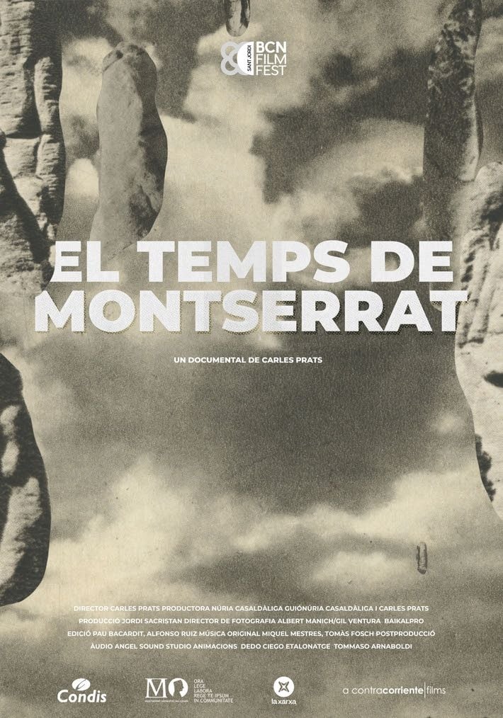 Monasterio de Montserrat, en la montaña, con un cielo dramático, posiblemente el cartel promocional del documental 'El temps de Montserrat'.