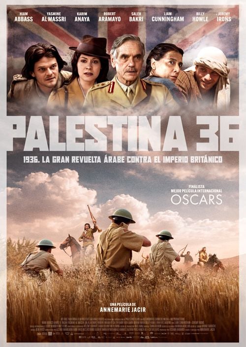 Cartel promocional de la película Palestina 36, con elementos visuales que sugieren la complejidad y el ambiente histórico de 1936 en la región.