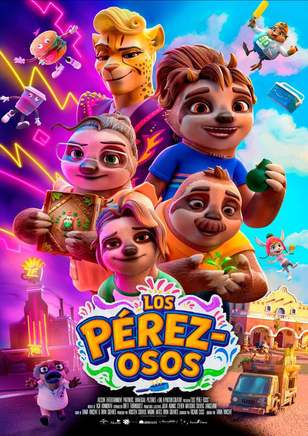 Cartel de la película Los Pérez-Osos, mostrando a una familia de perezosos con un food truck en la ciudad
