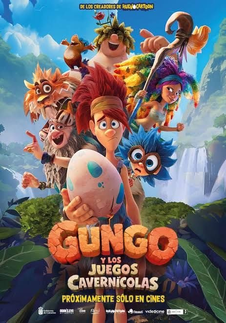 Cartel de la película Gungo y los juegos cavernícolas mostrando al protagonista bailando en un entorno prehistórico