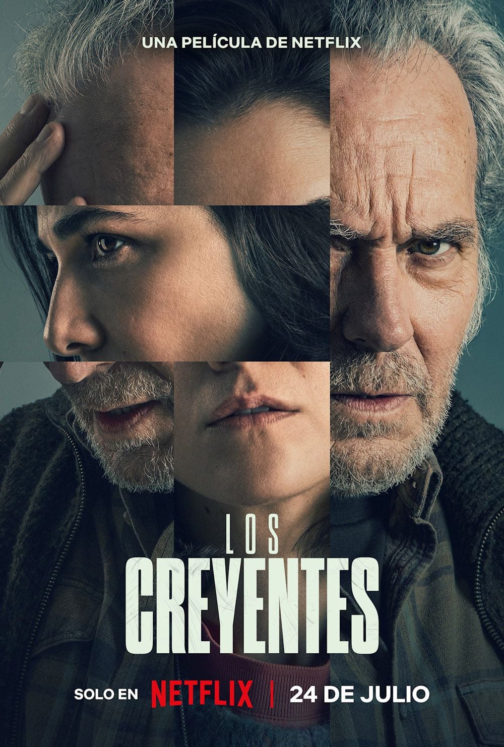 Cartel de la película Los creyentes con José Coronado y Stéphanie Magnin en una escena dramática