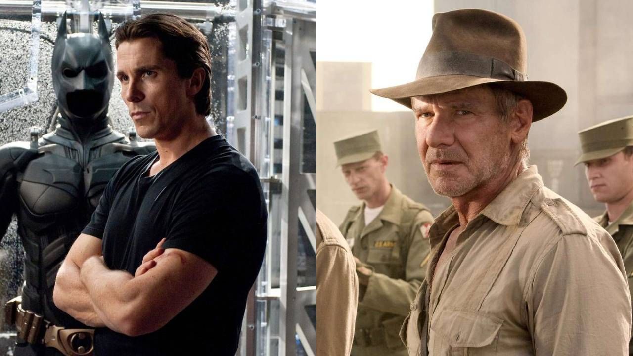 Christian Bale como Bruce Wayne/Batman en 'El Caballero Oscuro' y Harrison Ford como Indiana Jones en 'Indiana Jones y el Reino de la Calavera de Cristal'